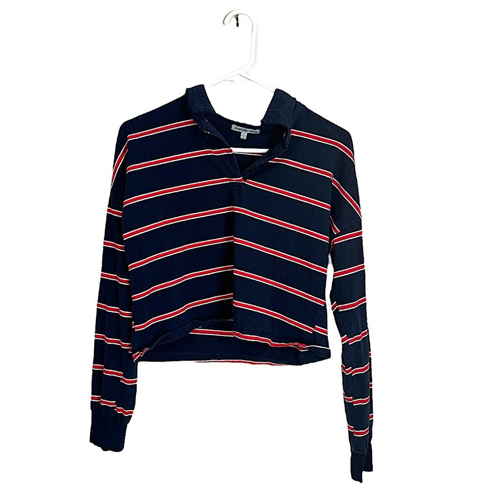 Charlotte Russe Navy Cropped Hoodie Sweater with Red & White Stripes